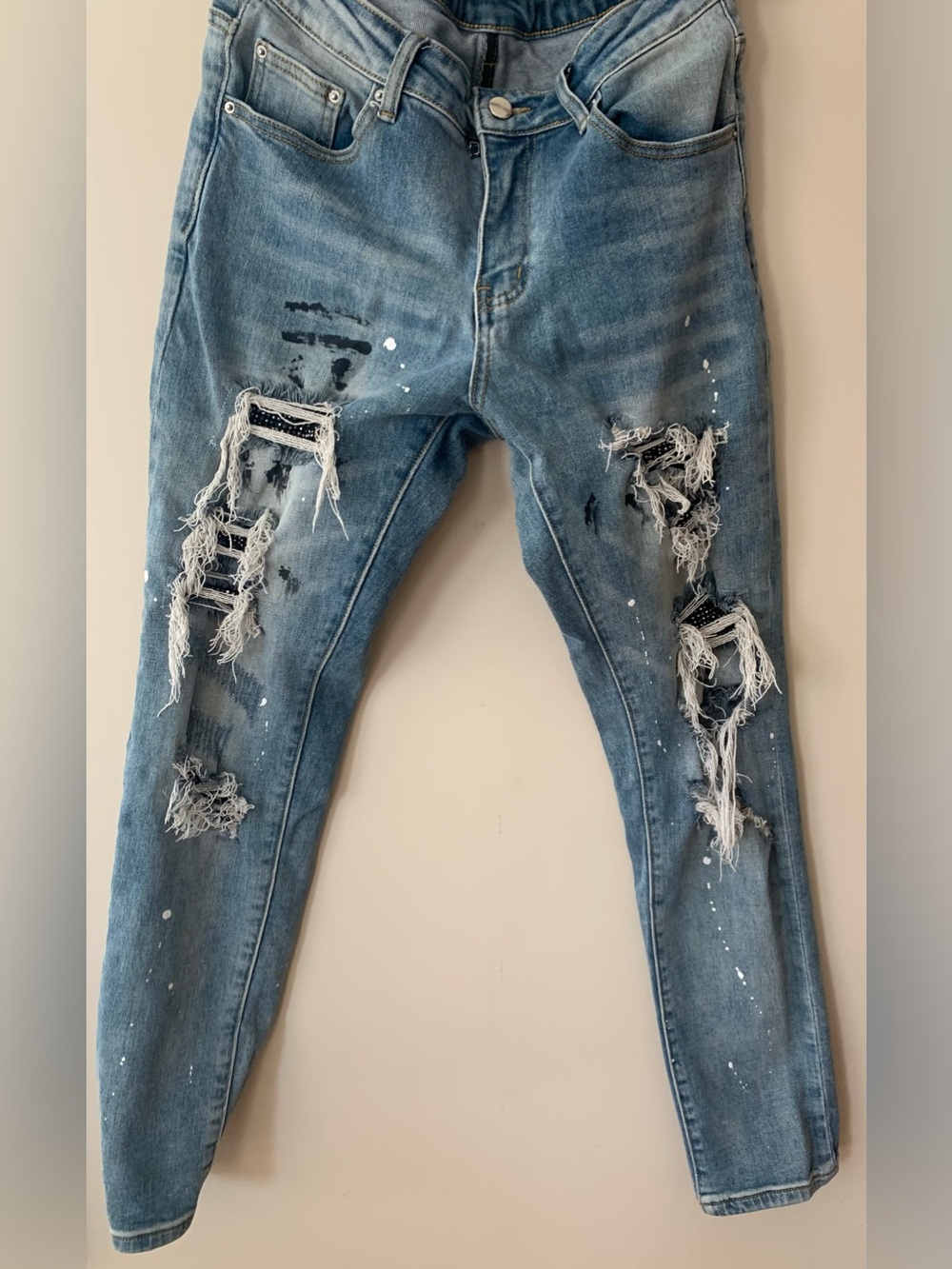 Outcast Light Blue Distressed Skinny Jeans with Fringe Rips